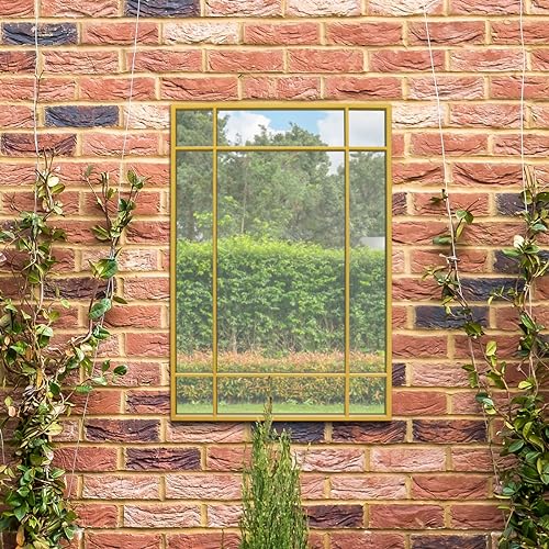 MirrorOutlet The Genestra – Gold Moderner Wandspiegel für den Garten, 100 cm x 70 cm, silberfarbenes Spiegelglas mit schwarzem Metallrahmen von MirrorOutlet