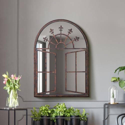 MirrorOutlet The Kirkby – Rustikaler Wandspiegel mit Metallrahmen, Kirchenfenster-Stil, gewölbt, 89 x 69 cm, Glasspiegel mit schwarzer Allwetter-Rückseite. von MirrorOutlet