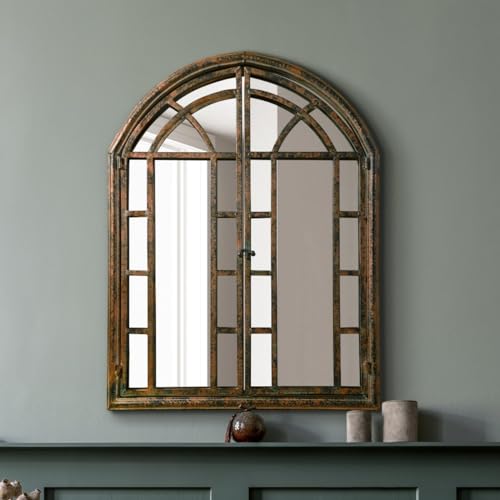 MirrorOutlet The Kirkby Wandspiegel, Metall, rustikal, gewölbt, mit Türen zum Öffnen, 110 x 78 cm, geschlossene Türen, 78 x 61 cm, Dunkles Metall von MirrorOutlet