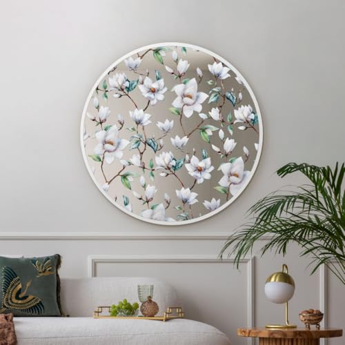 MirrorOutlet The Typis Wandspiegel mit weißem Metallrahmen, runder Rand, mit Blumendruck, 80 x 80 cm, silberfarbenes Spiegelglas mit weißem Rahmen von MirrorOutlet
