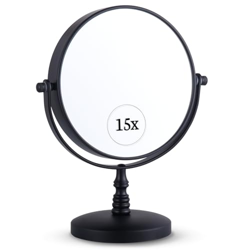 15X Vergrößerung Kosmetikspiegel mit Ständer - Doppelseitiger Schminkspiegel, 15-Fach und 1-Fach Vergrößerungsspiegel fürs Bad, Magnifying Makeup Mirror - 23cm x 15cm (Schwarz) von Mirrorvana