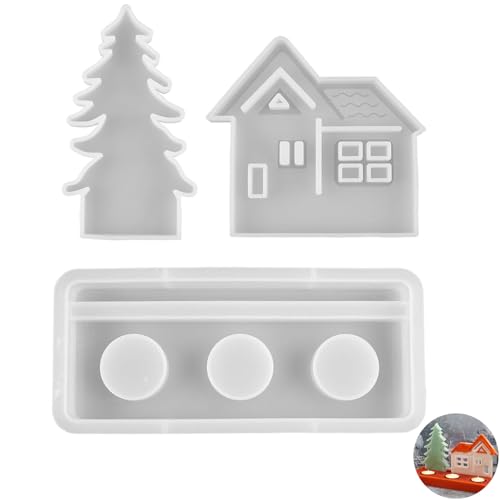 3 Stück Silikonformen Gießformen Häuser, Haus Mit Sockel, Baum Und Kerzenhalter - Gipsform Zum Gießen Für Epoxidharz, Handwerk, DIY Und Weihnachten von Mirrwin