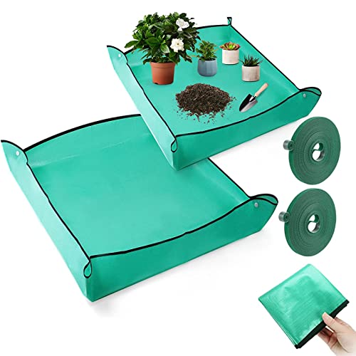 Mis.Moon 2 Stück 100 x 100cm Pflanzmatte Faltbare mit 1cm x 10m Pflanzenbinder(2 Rolle) für Gartenbaubepflanzung, wasserdichte Gartenmatte, Verstellbare Gartenarbeitsmatte von Mis.Moon