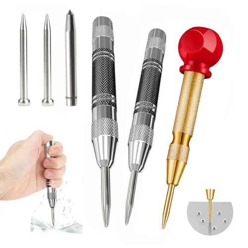 Set of 3 Automatic Metal Centre Punches,Automatik Körner mit Anreißnadel und 3 Ersatzspitzen,Centre Punch Tool Set with Adjustable One-Hand Spring Effect, Centre Punch for Metal, Wood, Glass von Mis.Moon