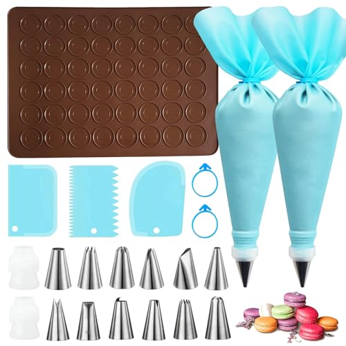 MisFun Macarons Backmatte Set, 48 Mulden Silikon Backmatte Macaron mit 2 Spritzbeutel und 12 Spritztüllen, Macarons Silikonmatte Macarons Backset, Rechteckig Backmatte für Macarons Aus Silikon von MisFun