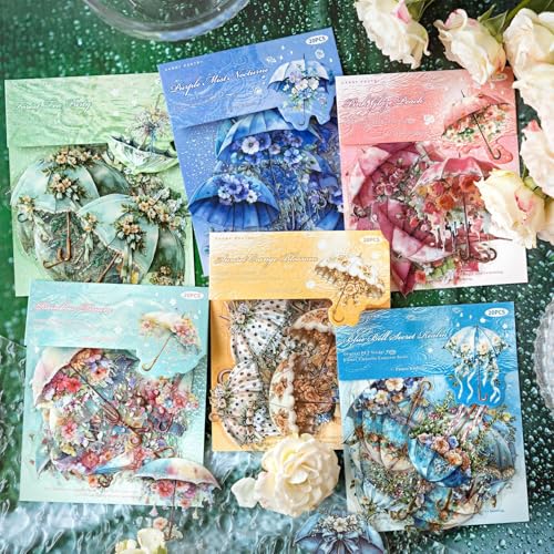 Scrapbooking Junk Journal Zubehör Aufkleber,120 Stück Scrapbook Stickers Blumen in PET,Aesthetic Transparent Stickers for Scrapbooking,Notebook,Mobile,Painting,Calendar(Umbrella Concerto) von MisKepaa