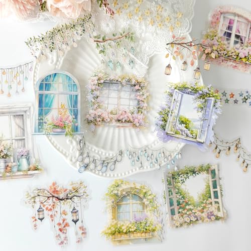 Scrapbooking Stickers Set,96 Stuck Scrapbooking Zubehor in PET,Ästhetik Aufklebern with Lighting for Bullet Journal,Scrapbook,Junk Journaling,Fotoalbum,Painting(Window) von MisKepaa