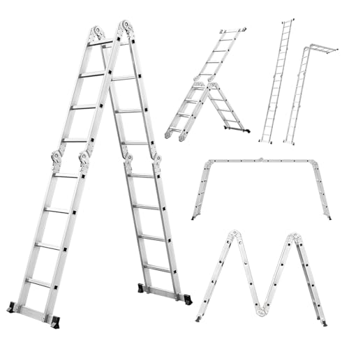 Miscoos 6-in-1 Mehrzweckleiter, 4.7M Klappbare Aluminium Leiter, 4 x 4 Gelenkleiter mit 16 Stufen, Anti-Rutsch, Stabil und Robust, bis 150 kg Belastbar, Silber von Miscoos