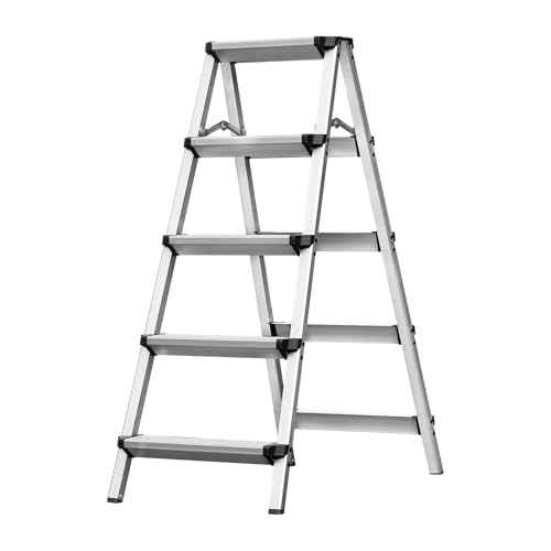 Miscoos Trittleiter, Aluminium Leiter, 5 Stufen klappbar, kleine beidseitig besteigbare, rutschfeste und stabile Haushaltsleiter, belastbar bis 150 kg, Silber von Miscoos