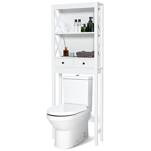 MisetGao Cabinet Space Saving Bathroom Storage Rack Over Toilet Storage Rack with Drawers and Open Shelves, Freestanding Wooden Washing Machine Organizer Unit (White with Back Panel) von MisetGao