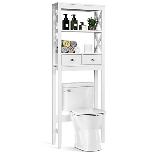 MisetGao Cabinet Space Saving Over Toilet Bathroom Storage Rack with Drawers and Open Shelves, Freestanding Wooden Washing Machine Organizer Unit (White Without Backboard) von MisetGao