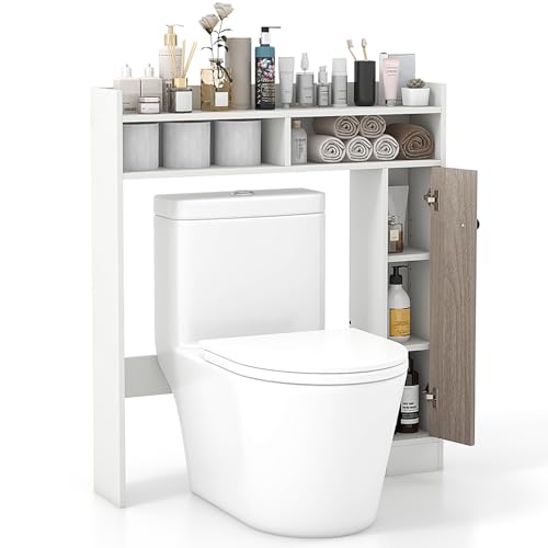 Over The Toilet Shelf, Freestanding Storage Cabinet for Washing Machine with 10-Way Adjustable Shelves, Space Saving Storage Rack for Bathroom Made of Wood (White) von MisetGao