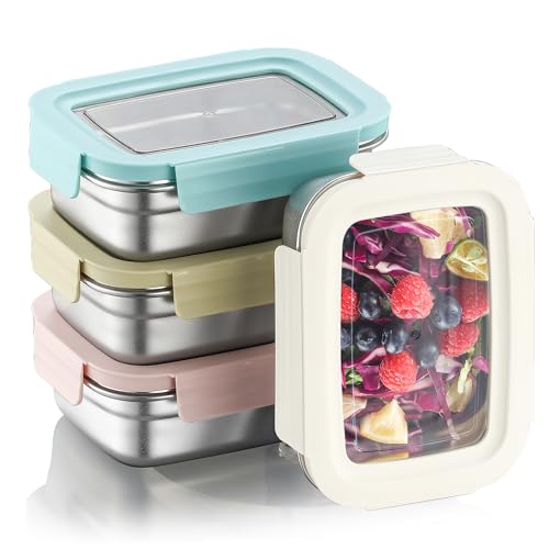 Misichao Edelstahl-Frischhaltedosen mit Deckel, stapelbare Lebensmittelbehälter für Küche und Speisekammer, auslaufsicher, wiederverwendbar, Metall-Bento-Lunchbox für Kinder und Erwachsene, 650 ml, 4 von Misichao