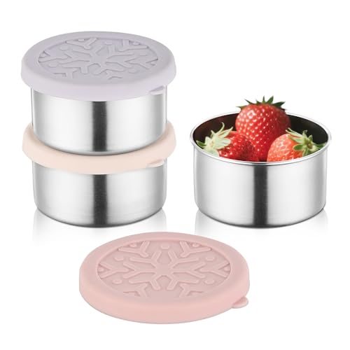 Misichao Snack-Behälter, 220 ml x 3, Edelstahl, Lunch-Bento-Snackbox, wiederverwendbare Metall-Mahlzeiten-Vorbereitung, Lunch-Behälter mit Silikondeckeln für Kinder und Erwachsene (Hellviolett von Misichao
