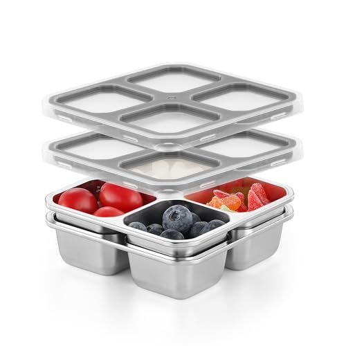 Misichao Snack Behälter Snackbox Kinder mit 4 Fächern Edelstahl Brotdose mit Grau Deckel wiederverwendbare meal prep Lunch-Behälter für Kinder und Erwachsene für Schule, Arbeit von Misichao