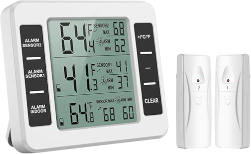 Kühlschrank Thermometer, Gefrierschrank Thermometer, mit 2 Sensoren, Innen und Außen Thermometer, Akustischer Alarm, Min und Max Anzeige, LCD-Display für Haus, Restaurants von Miskall