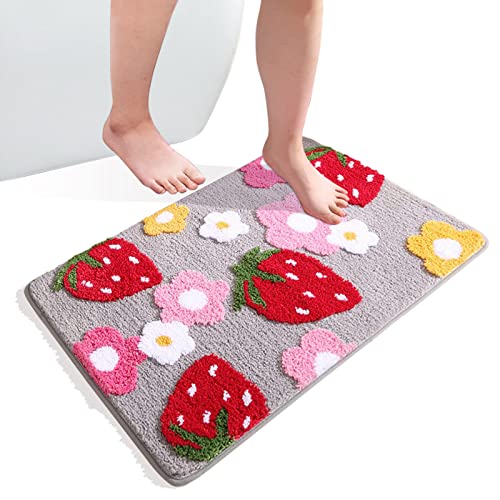 Mislaxy Badematte rutschfeste Fußmatte Badezimmerteppiche Badewanne Duschteppich Erdbeere Beflockter Teppich für Schlafzimmer, Badezimmer, Heimdekoration (Grau, 50x80cm) von Mislaxy