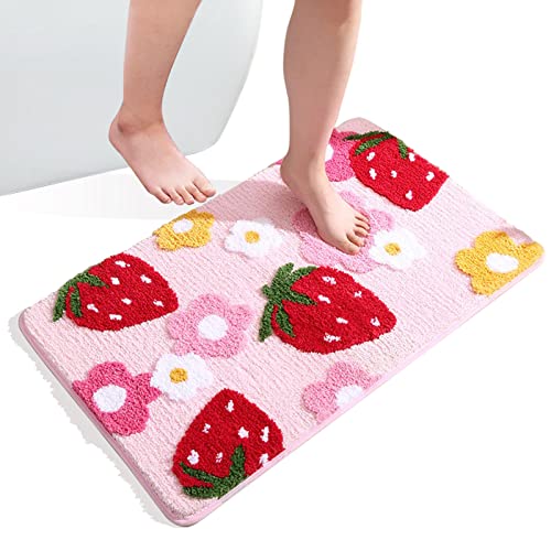 Mislaxy Badematte rutschfeste Fußmatte Badezimmerteppiche Badewanne Duschteppich Erdbeere Beflockter Teppich für Schlafzimmer, Badezimmer, Heimdekoration (Rosa, 50x120cm) von Mislaxy