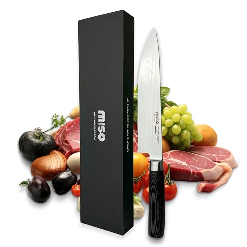Miso Cookware Damast Kochmesser 20 cm (AUS-10, 67 Lagen) – Scharfes Profi Küchenmesser (60 HRC) mit Pakkawood-Griff, ideal als Fleischmesser & Allzweckmesser von Miso Cookware
