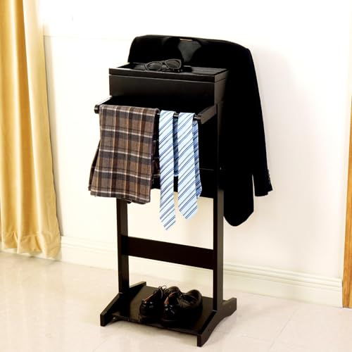 Anzugsständer Multifunktional Stummer Diener Kleiderständer mit Schuhregal und Aufbewahrungsbox Herrendiener mit Hosenstange Stummer Diener Leicht Zusammenzubauen für Flur Umkleidekabine,Black von Misorat