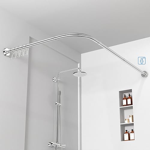 Misounda Duschvorhangstange L Form Ohne Bohren Duschstangen Ecke 70-100x110-170cm, Duschstange Für Duschvorhang Badewanne Schiene, Ohne Deckenhalterung, Inkl. 24 Ringe, Feines Polieren von Misounda