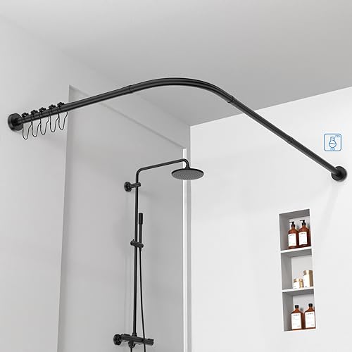 Misounda Duschvorhangstange L Form Ohne Bohren Duschstangen Ecke 70-100x90-120cm, Duschstange Für Duschvorhang Badewanne Schiene, Ohne Deckenhalterung, Inkl. 24 Ringe, Schwarz von Misounda