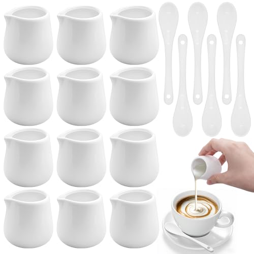 Mispudin 12 Stück Mini Milchkännchen Porzellan, 45ml Milchkännchen Klein Keramik mit Löffel, Sahnekännchen Klein, Milchkanne Porzellan Weiß zum Servieren von Soße, Kaffee, Milch, Tee, Sirup von Mispudin