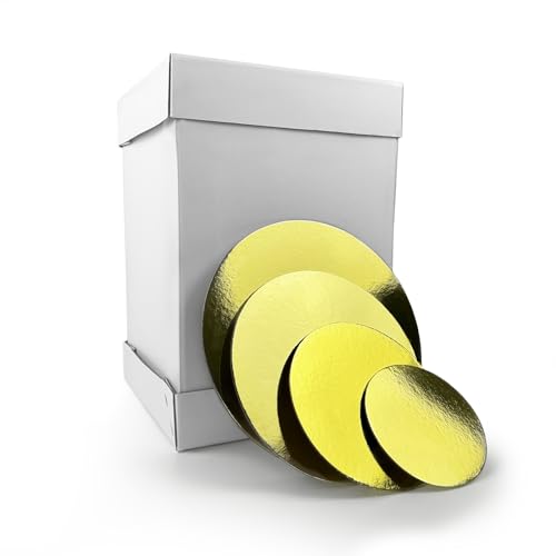 Miss Bakery's House Tortenkarton - Set 1014: 30x30x45 cm mit Cake Board Set 2 mm - Ø 15 + 20 + 25 + 30 cm (4er Set) - doppelseitig (Silber&Gold) - Box für mehrstöckige Torten von Miss Bakery's House