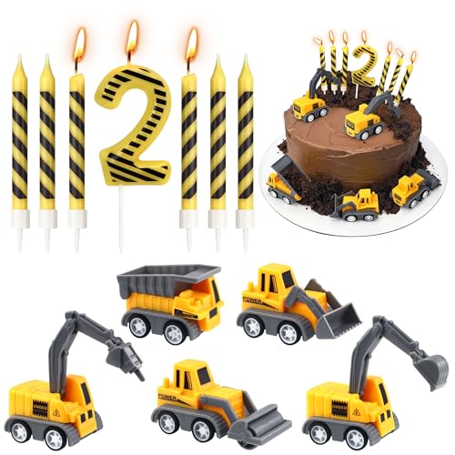 Construction Tortendeko Geburtstag, Geburtstagskerze Zahlen 2, Gelb und Schwarz Gestreifte Kerzen, Baustellen Deko Kuchen für 2nd Jahre Junge und Mädchen Geburtstag von Miss Good