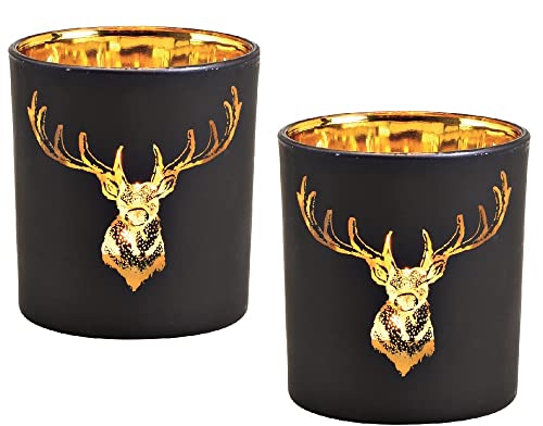 2er Set Windlichter Hirschkopf Schwarz-Gold Ø 7 cm – Teelichthalter aus Glas für Herbst & Winter – Stilvolle Tischdeko Weihnachten, Advent, Jagdzimmer, Chalet (Hirschkopf schwarz & Gold 2er Set) von Miss Lovely
