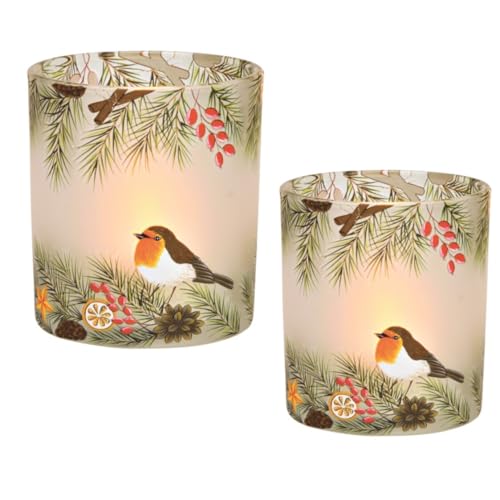 2er Set edle Teelicht-Gläser Rotkehlchen Windlichter aus Glas mit Vogel & Zweigen Kerzen-Ständer Raumdeko Weihnachts-Deko Kerzenhalter Modern Living Herbst-Deko Advent Farben: gün braun & rot von Miss Lovely