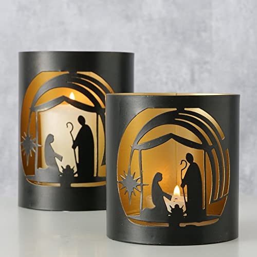 Windlichter Weihnachten 2er Set Metall – Krippenszene mit Maria, Josef & Jesuskind – Schwarz Gold – Ø 10/9cm, Höhe 14/10cm – Weihnachtsdeko (Jesu Geburt schwarz & Gold 2er Set) von Miss Lovely