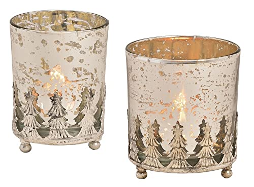 2er Set edle Windlichter aus Metall Teelichthalter Tannenbaum weiß Champagner & Gold Tisch-Deko Kerzen-Ständer Advent Winter Weihnachten Weihnachtsdeko Raumdeko modern von Miss Lovely