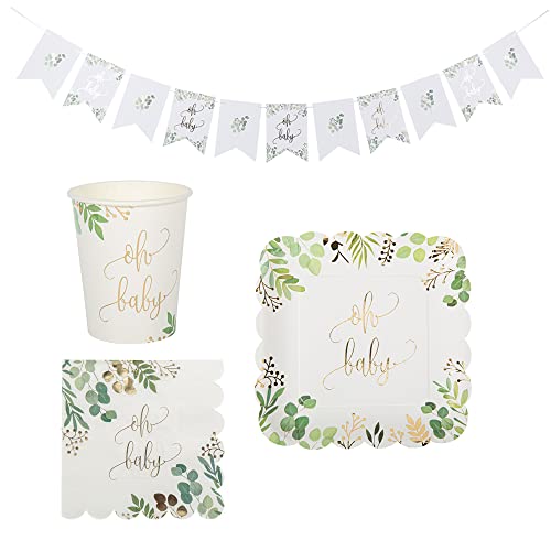 33 Teile Deko-Set Baby-Party OH BABY BOTANICAL Eukalyptus Blätterkranz grün weiß & gold Baby-Party-Deko Baby-Shower-Party Geburt Mädchen & Junge Girlande Servietten Teller Deko-Accessoires Taufe ? von Miss Lovely