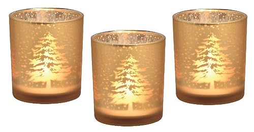 3er Set Teelicht-Gläser Winter-Wald Tanne Windlichter aus Glas in Gold Kerzen-Ständer Heim & Garten Raumdeko modern Weihnachts-Deko Kerzenhalter Modern Living Herbst-Deko Advent von Miss Lovely