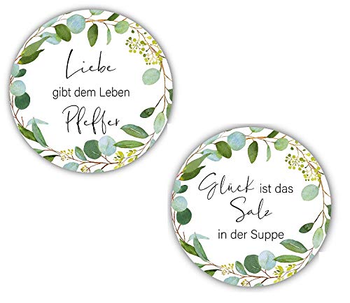 80 Sticker Aufkleber Salz & Pfeffer Liebe & Glück weiß Botanical Blätter-Ranke Blätter-Kranz grün Zubehör Gastgeschenke Hochzeit Selbstgemachtes Tisch-Deko Gewürze von Miss Lovely