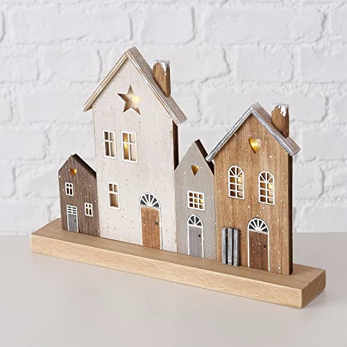 Aufsteller WINTERDORF LED bleuchtet Deko-Figur Häuser mit Stern aus Holz in braun Creme beige Weihnachts-Deko für Fensterbrett Sideboards & Regale Weihnachten Herbst Weihnachts-Deko (Dorf mit Stern) von Miss Lovely