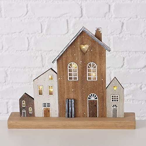 Aufsteller WINTERDORF LED bleuchtet Deko-Figur Häuser mit Stern aus Holz in braun Creme beige Weihnachts-Deko für Fensterbrett & Regale Weihnachten Herbst Weihnachts-Deko Advent (Dorf mit Herz) von Miss Lovely