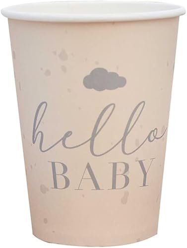 Baby-Party Becher Einweg-Geschirr Hello Baby ECO-Line mit Wolken in beige Taupe & grau Tisch-Deko Baby-Shower Gender Reveal Taufe Geburt Junge & Mädchen Dekoration 16 Becher von Miss Lovely