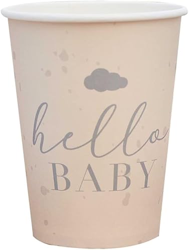 Baby-Party Becher Einweg-Geschirr Hello Baby ECO-Line mit Wolken in beige Taupe & grau Tisch-Deko Baby-Shower Geburt Junge & Mädchen 24 Becher von Miss Lovely