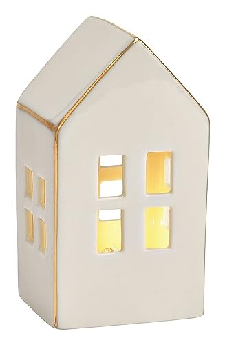 Deko-Figur Haus LED Lichthaus in weiß & Gold Porzellan Deko-Figur LED beleuchtet Winter-Dorf WindlichtWeihnachts-Deko Winterdorf Modern Living Herbst-Deko Advent Höhe 10cm von Miss Lovely