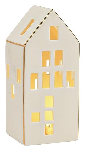 Deko-Figur Haus LED Lichthaus in weiß & Gold Porzellan Deko-Figur LED beleuchtet Winter-Dorf Windlicht Heim-Deko Raumdeko modern Weihnachts-Deko Winterdorf Modern Living Herbst-Deko Advent Höhe 17cm von Miss Lovely
