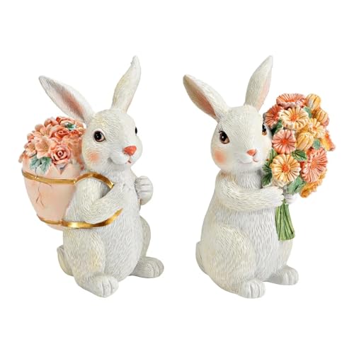Deko-Figuren Hasen-Paar mit Blumen Hasen-Junge & Hasen-Mädchen mit Korb in creme weiß apricot & rosa Oster-Fest nostalgische Oster-Dekoration traditionelle Oster-Hasen Frühling & Ostern 2 Stk von Miss Lovely