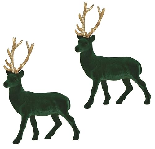 Deko Hirsch 2er Set – Grün mit Goldgeweih – 21 cm hoch – Samt-Überzug & Glitzer – Weihnachtsdeko modern – Hirsche aus Polyresin – Stehend – Winter Dekofigur Tisch Fensterbank (Grün) von Miss Lovely