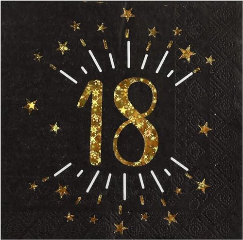 Geburtstags-Servietten 18 zum 18. Geburtstag in schwarz & metallic-gold mit Sternen Geburtstags-Deko Geburtstags-Feier Tisch-Dekoration Geburtstag 18. Geburtstag Mann & Frau Volljährig 20 Servietten von Miss Lovely