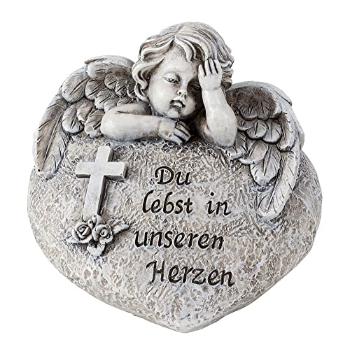 Grabschmuck Grab-Deko Figur Gedenk-Stein DU LEBST IN UNSEREN HERZEN mit Engel Kreuz & Rose grau wetterfest Urnengrab Friedhof-Deko Trauer Trauerfeier Beerdigung Abschied Beisetzung Begräbnis von Miss Lovely