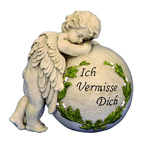 Grabschmuck Grab-Deko Grab-Figur Gedenk-Stein ICH VERMISSE DICH Engel & Efeu grau & grün Figur wetterfest Grabstein Urnengrab Friedhof-Deko Trauer Trauerfeier Beerdigung Abschied Beisetzung Begräbnis von Miss Lovely