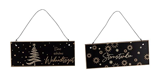 Holz-Schild Wandschild Türschild STERNSTUNDEN & SCHÖNE Weihnachtszeit in schwarz & Gold Glitzer mit Tannen-Baum & Sternen Weihnachts-Schmuck Figur Advent Dekoration Weihnachts-Deko Hänge-Deko 2 Stück von Miss Lovely