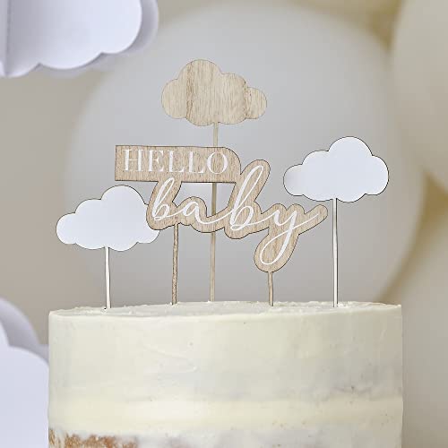 Kuchen-Stecker HELLO BABY & Wolken Kuchen-Stecker Torten-Aufsatz aus Holz Kuchen-Deko Cake Topper Baby-Party Gender Reveal Geburt Mädchen & Junge Tisch-Dekoration Deko Accessoires Gebäck 4 Teile von Miss Lovely