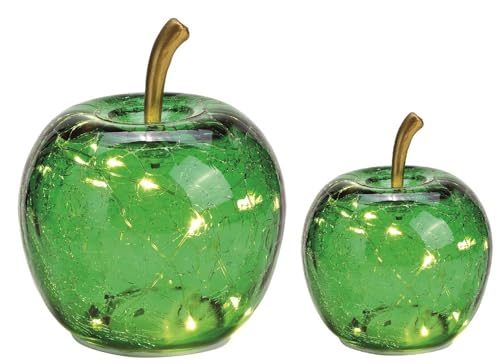LED Deko Apfel Grün 2er Set – Glas Äpfel mit Timer & Beleuchtung – 10 & 5 LEDs – Craquelé Optik – Batterie betrieben – Ø 12 & 9 cm – Herbst & Weihnachtsdeko – mit An/Aus-Schalter (grün) von Miss Lovely